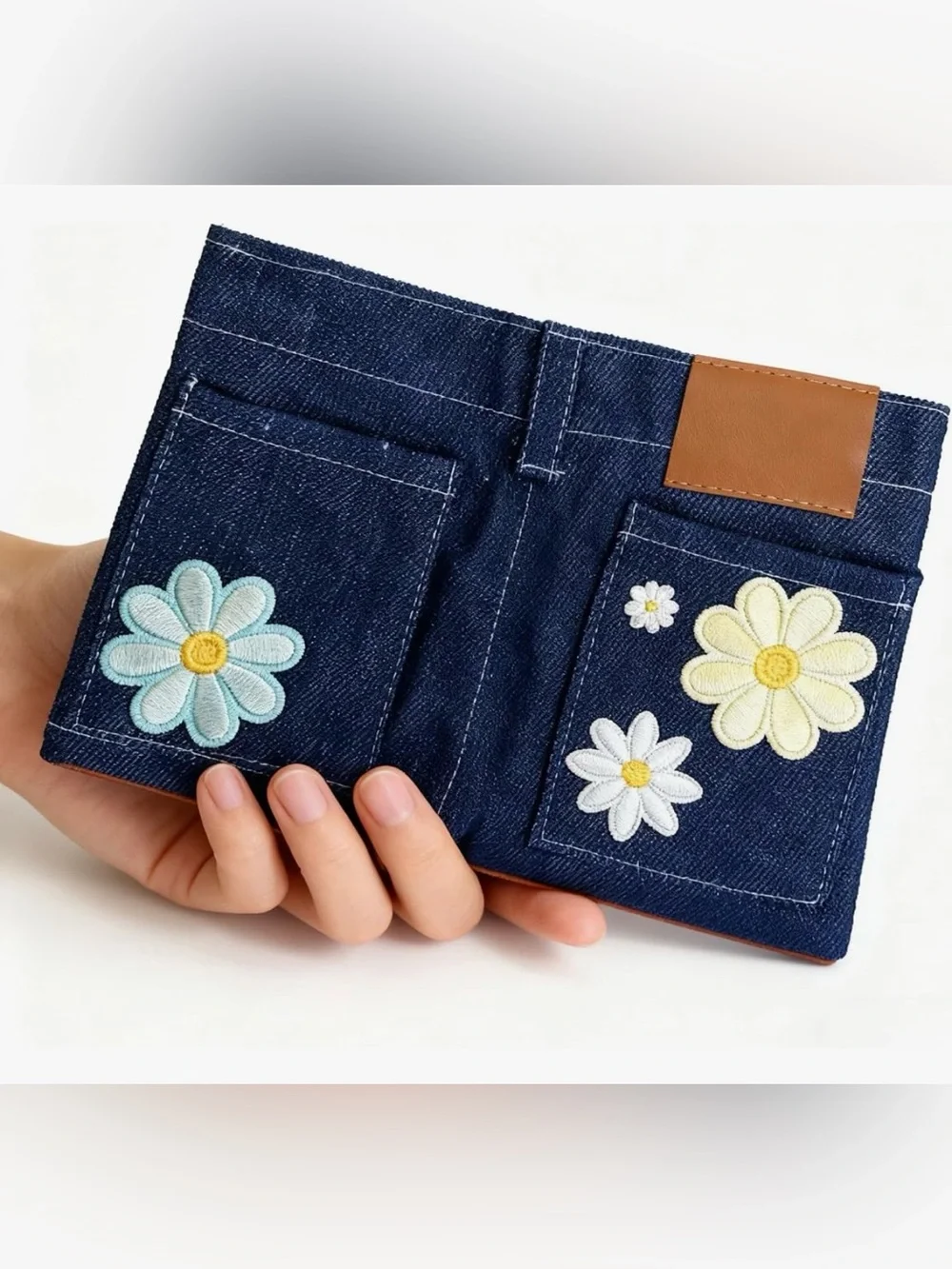 Dark Blue Denim Women's Floral Patch Jean Shorts..Card Holder-wallet
